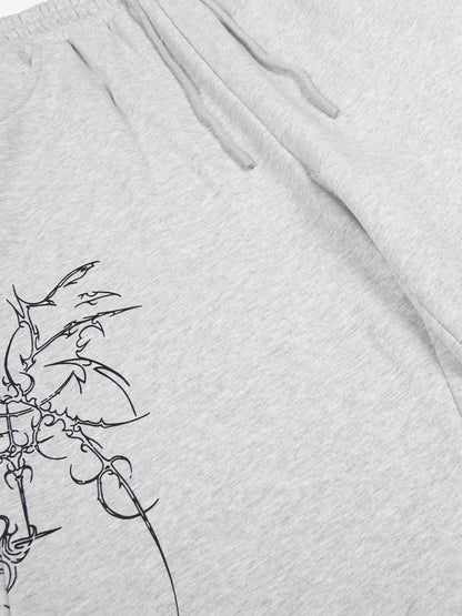 Floral Line Art Studded Wide Leg Drawstring Sweatpants