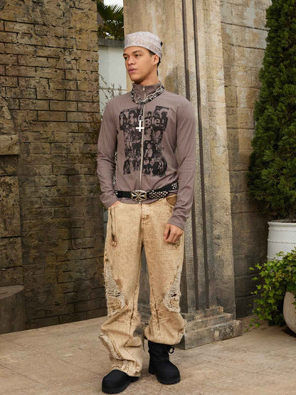 Distressed Denim Cargo Pants with Ripped Details and Patchwork Design for Men Women Fashion Streetwear 