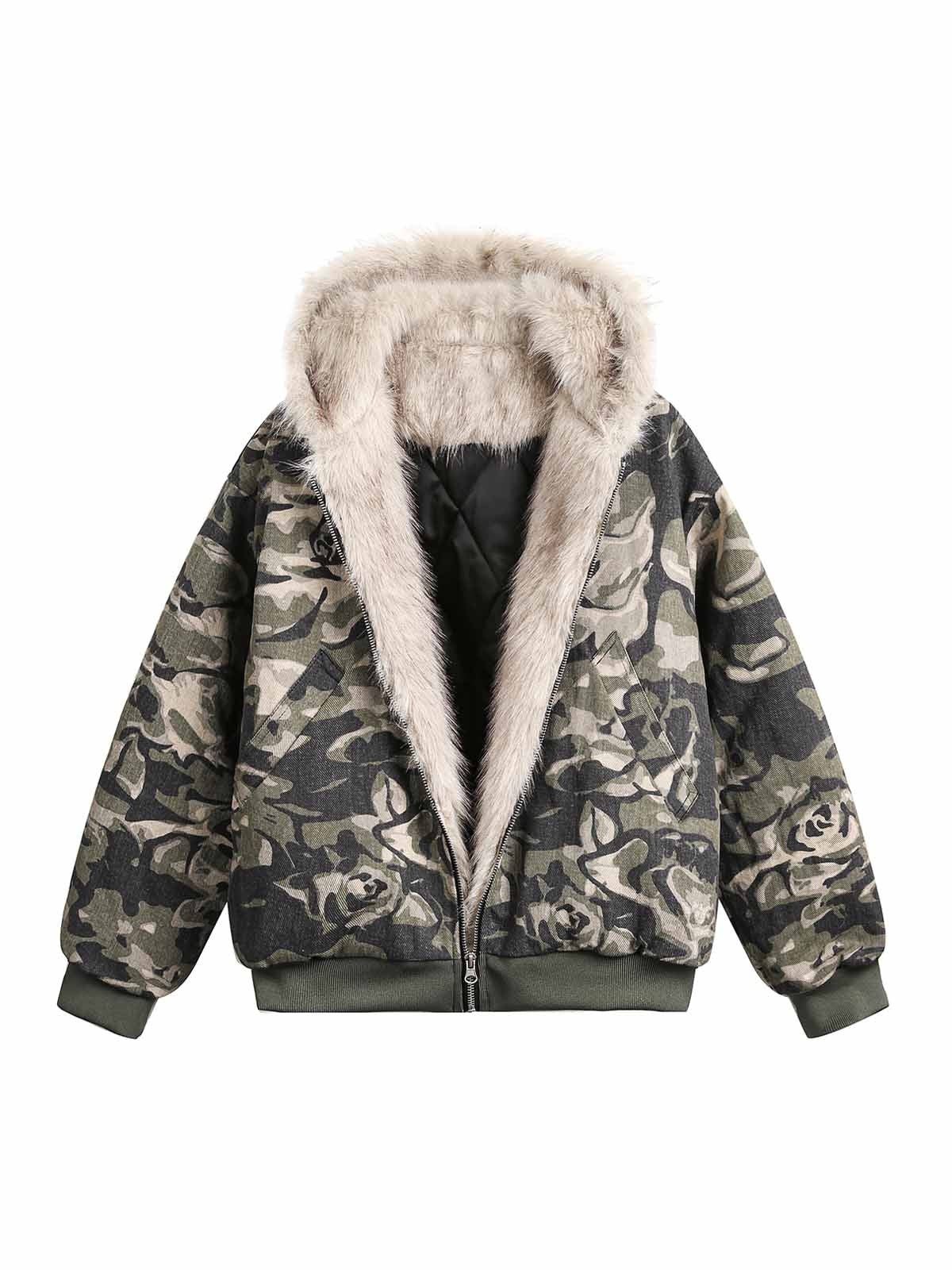 Thesupermade Camouflage Fur Hooded Jacket - 2353