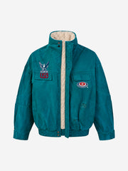 Embroidered Badge Distressed Fleece-Lined Teal Bomber Coat