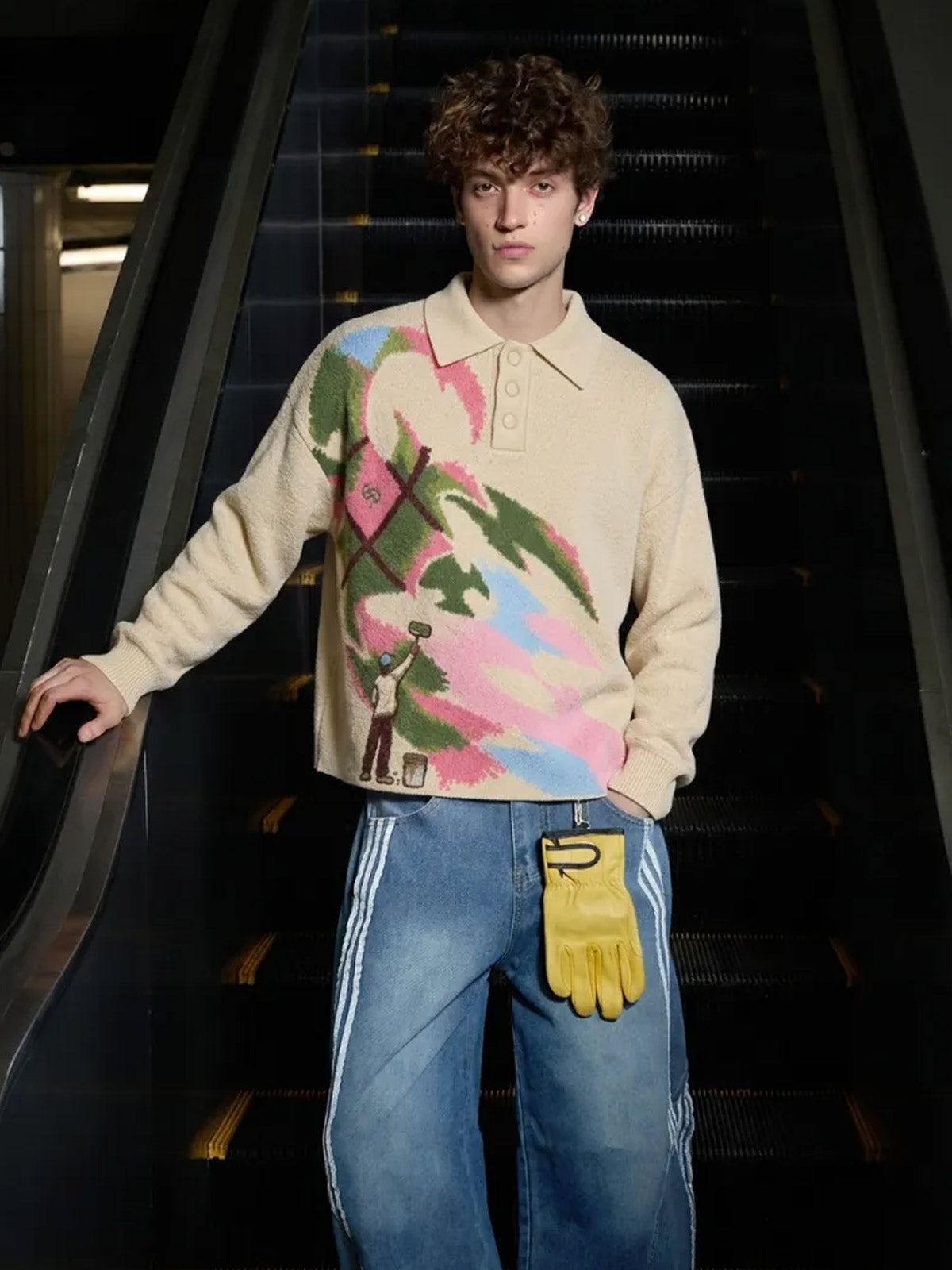 Art Story Graphic Jacquard Knit Polo Sweater