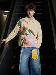 Art Story Graphic Jacquard Knit Polo Sweater
