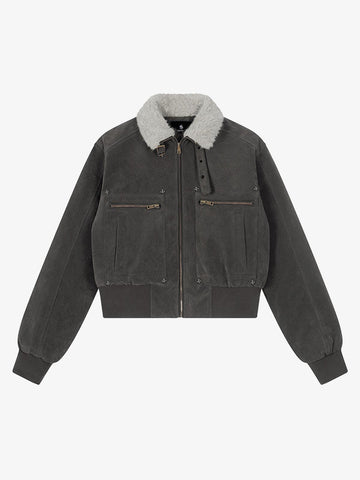 Utility Faux Shearling Collar Suede Look Zip Up Jacket 