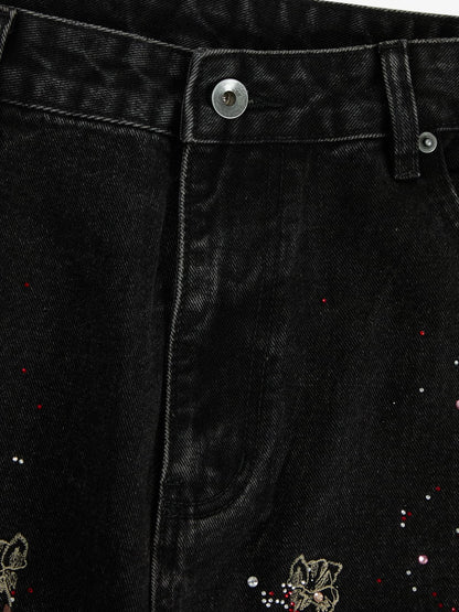 Vintage Floral Embroidery Rhinestone Straight Jeans 