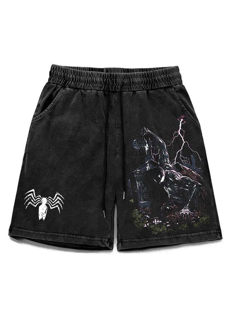 Washed Distressed Spider Print Shorts