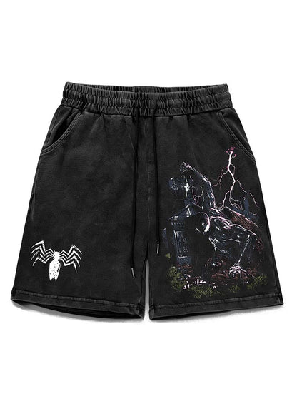 Washed Distressed Spider Print Shorts