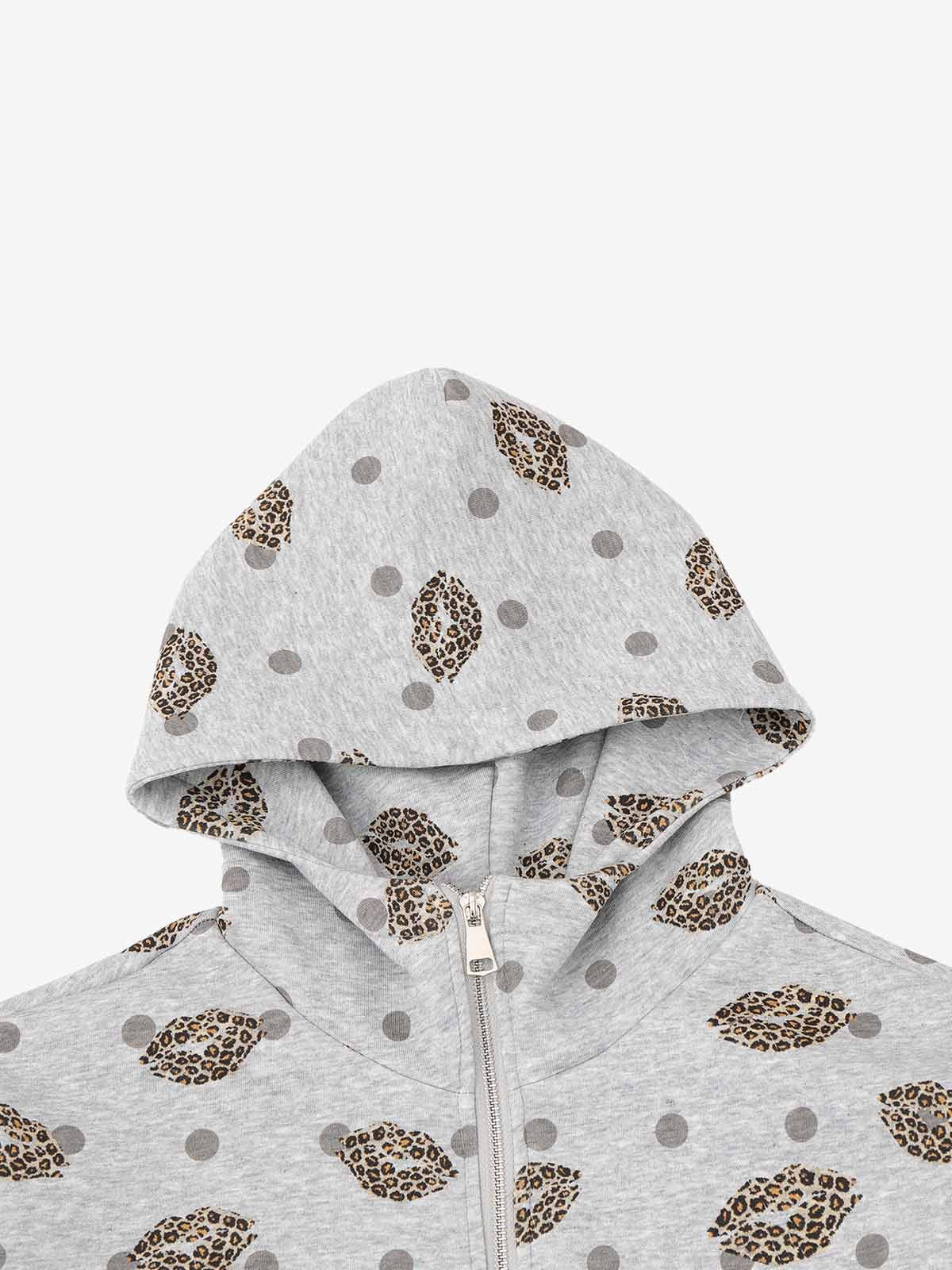 Lips Leopard Print Cropped Zip-Up Hoodie