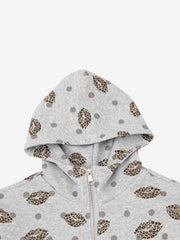 Lips Leopard Print Cropped Zip-Up Hoodie