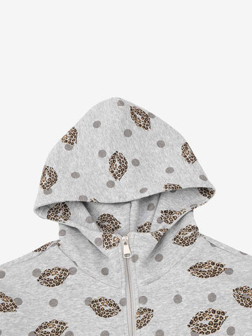Lips Leopard Print Cropped Zip-Up Hoodie