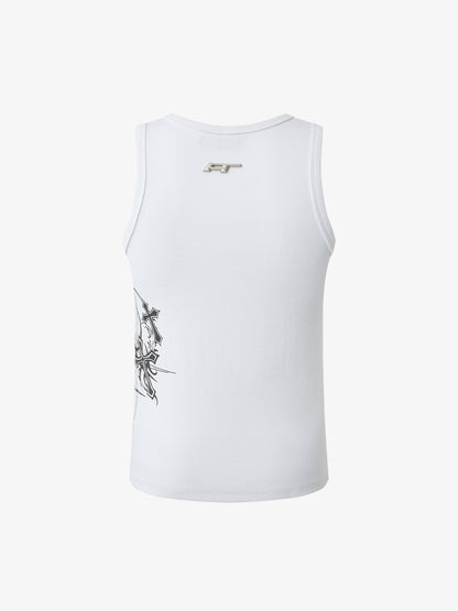 Ribbed Cotton Blend Tank Top – Graphic Print Sleeveless Streetwear