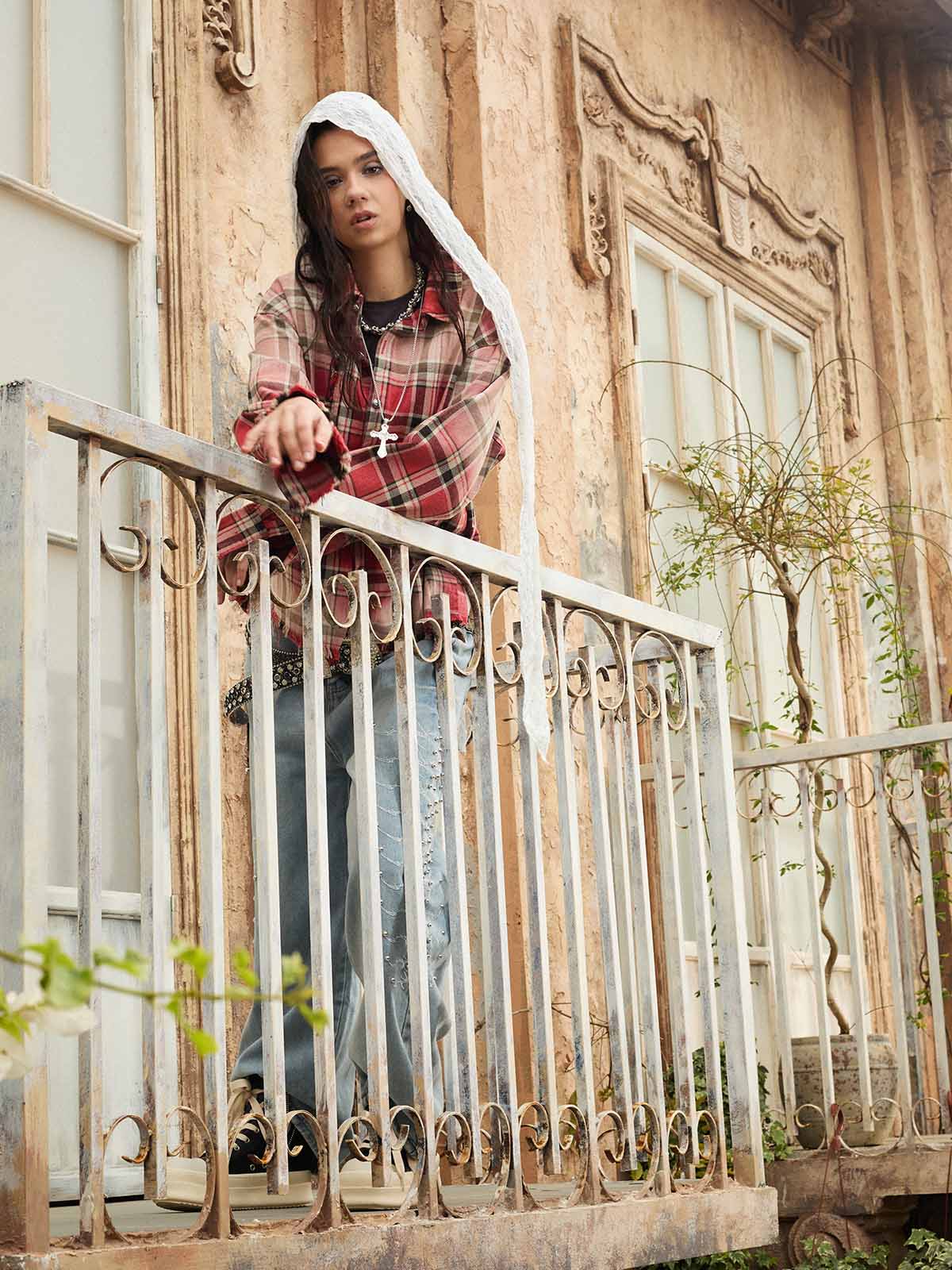 Paint Splatter Plaid Frayed Hem Button Up Shirt 