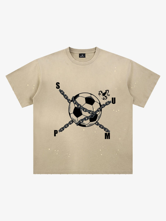 Cotton Black Graphic T-Shirt with Football and Chain Design for Streetwear Fashion 