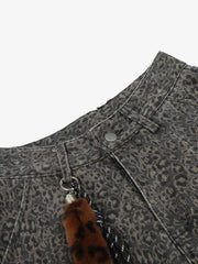 Leopard Pleated Wide Leg Denim Barrel Jeans 