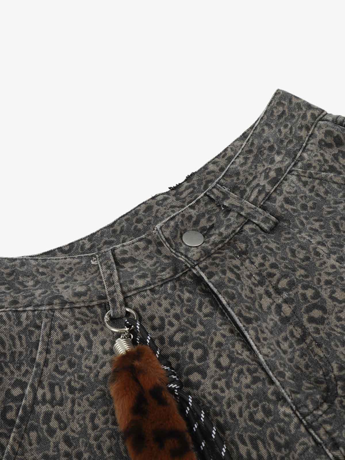 Cotton Leopard Print High-Waisted Wide-Leg Pants with Pleated Design and Decorative Tassel 