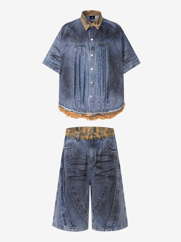 Camo-Trimmed Pleated Denim Utility Set 