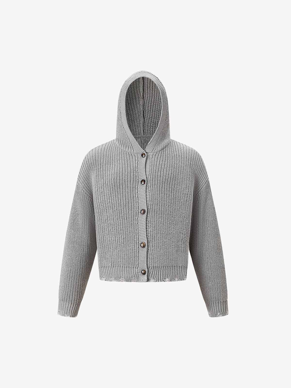 Solid-Color Single-Breasted Hooded Knit Sweater
