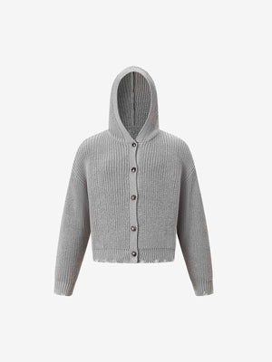 Solid-Color Single-Breasted Hooded Knit Sweater