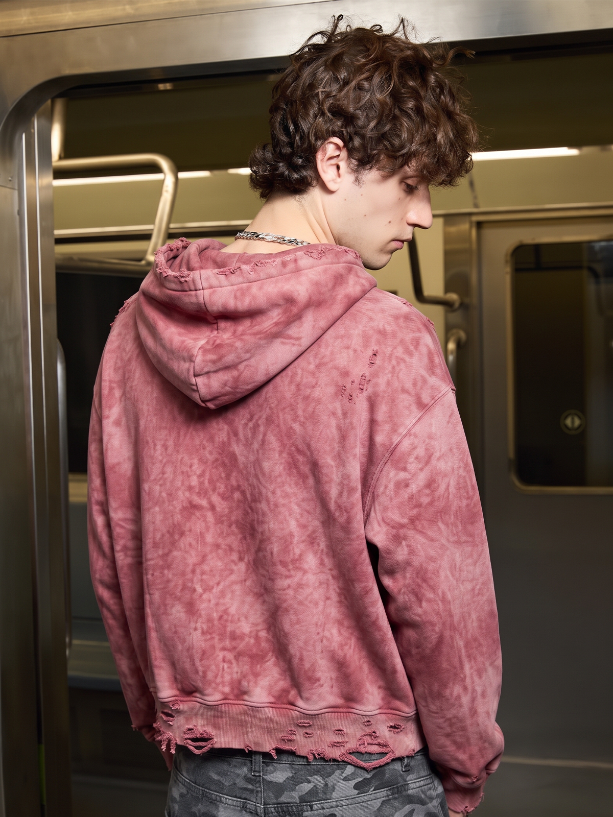 Embroidered Ripped Washed Distressed Zip Hoodie