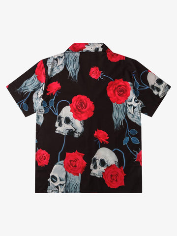 Gothic Skull Rose Camp Collar Boxy Shirt 