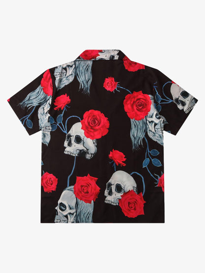 Gothic Skull Rose Camp Collar Boxy Shirt 