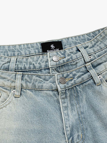 Layered Waist Vintage Washed Wide Leg Jeans 