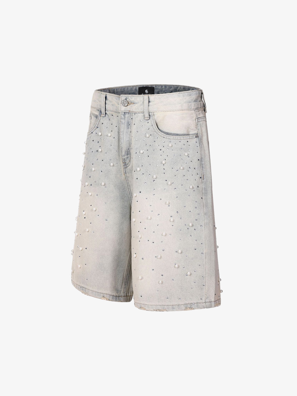 Pearl Embellished Light Wash Denim Shorts 