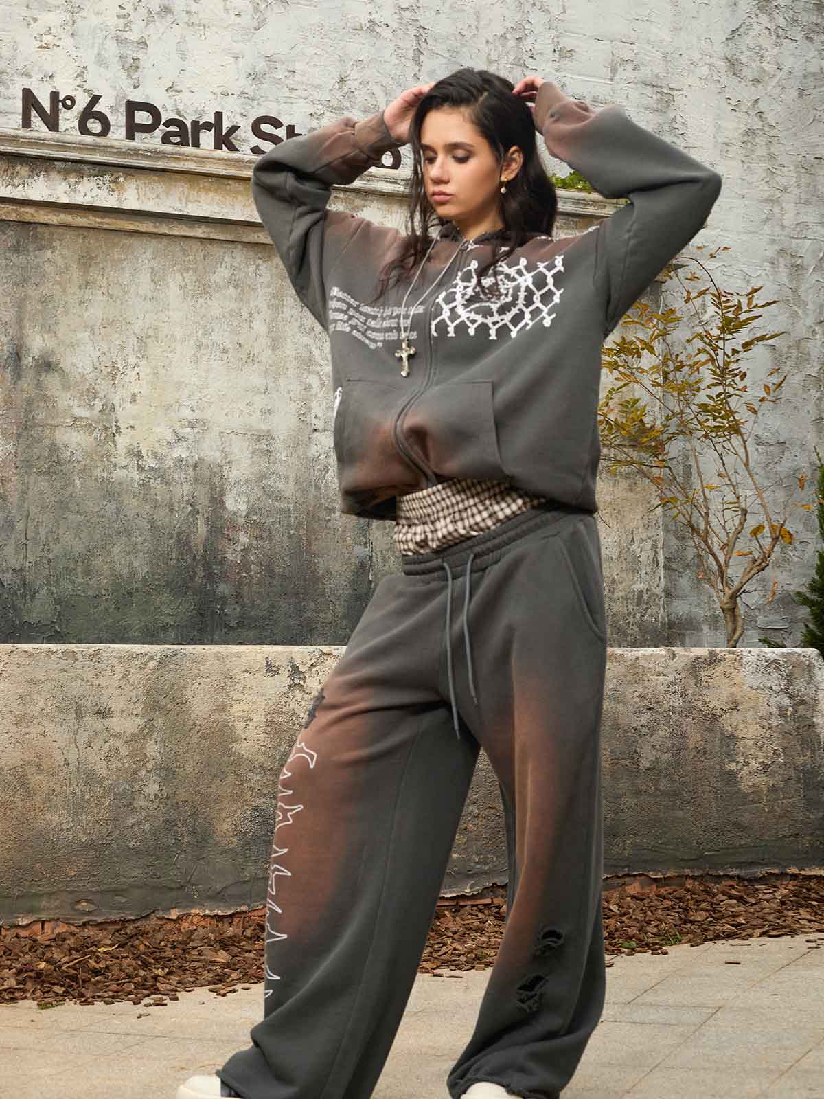 Supermade Vintage Distressed Print Patchwork Sweatshirt Set 