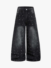 Schwarze, gewaschene, weite, knöchellange Jeans