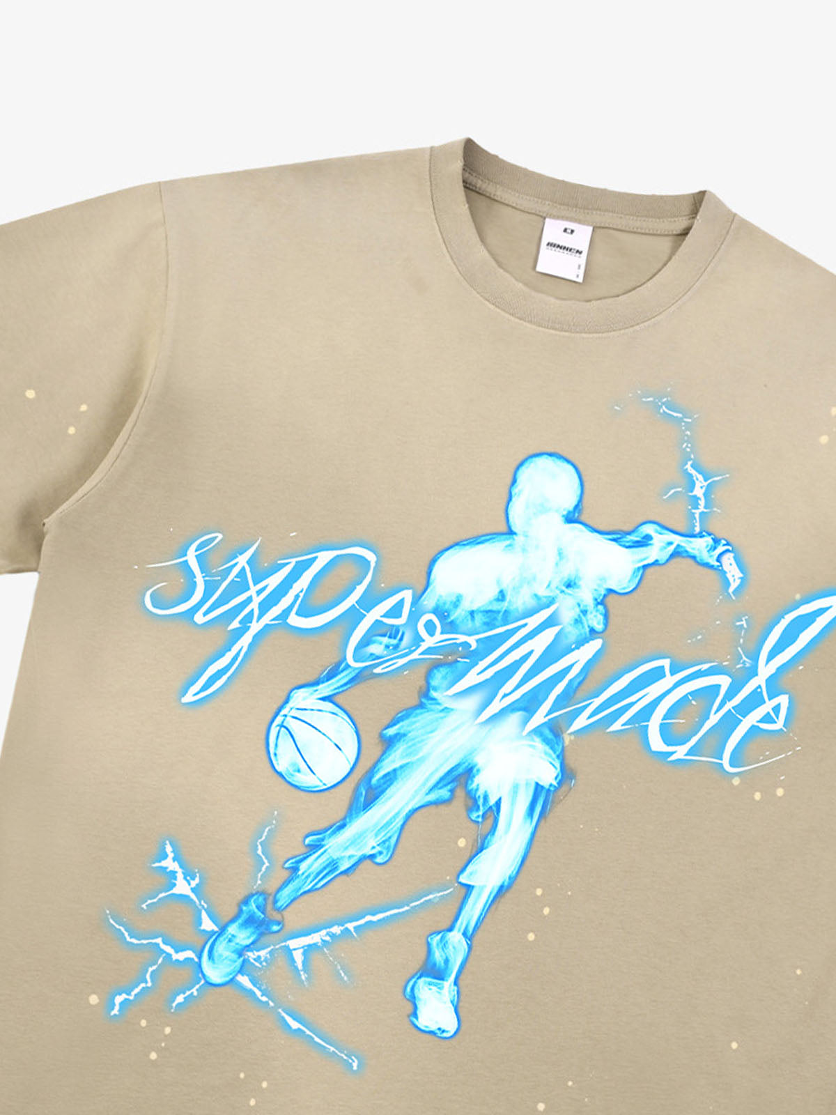 thesupermade "Energy Burst" Basketball Player Cyber Aesthetic Electric Print T-Shirt – Vintage Washed Oversized Basketball Streetwear T-Shirt 