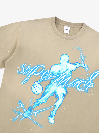 thesupermade "Energy Burst" Basketball Player Cyber Aesthetic Electric Print T-Shirt – Vintage Washed Oversized Basketball Streetwear T-Shirt 