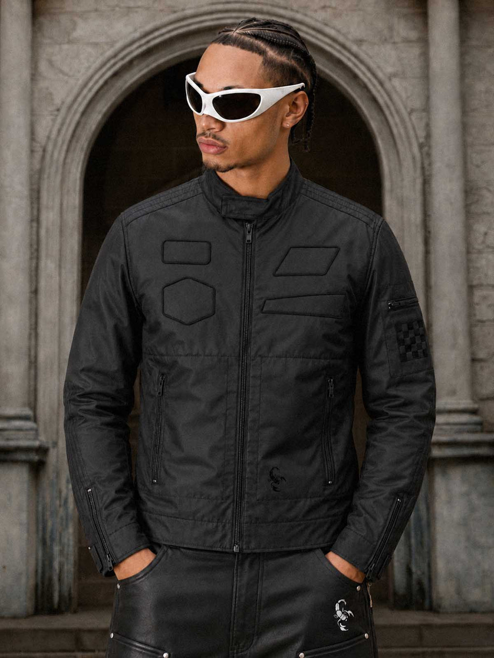 Patch Detail Glossy Stand-Collar Biker Jacket