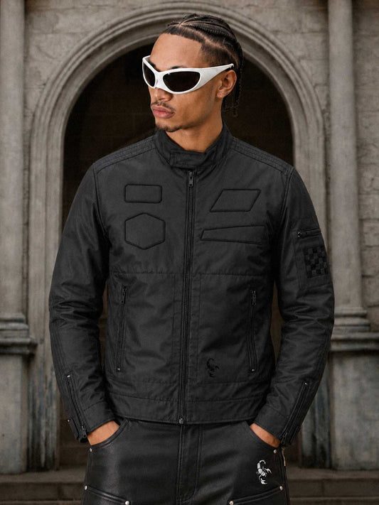 Patch Detail Glossy Stand-Collar Biker Jacket