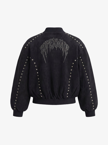 Suede Punk-Style Double-sided zipper Bomber Jacket with Studs Embroidery and Printing Techniques 