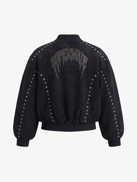 Suede Punk-Style Double-sided zipper Bomber Jacket with Studs Embroidery and Printing Techniques 