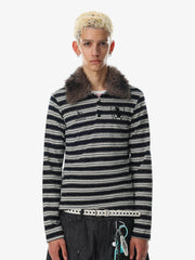 Striped Faux Fur Collar Long Sleeve Tee