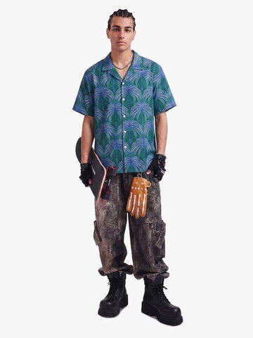 Teal Palm Leaves Camp Collar Boxy Shirt 