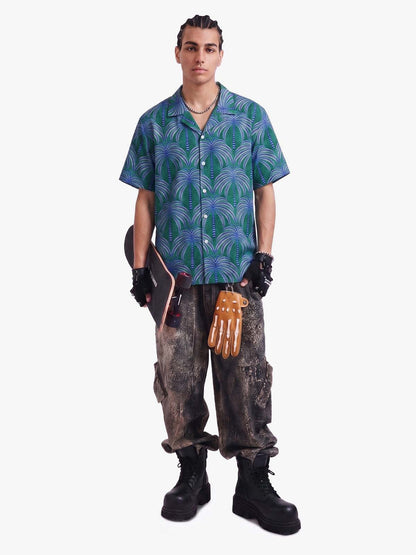 Teal Palm Leaves Camp Collar Boxy Shirt 