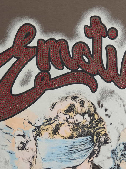 Retro Blindfold Angel Rhinestone Letter Graphic T-Shirt 