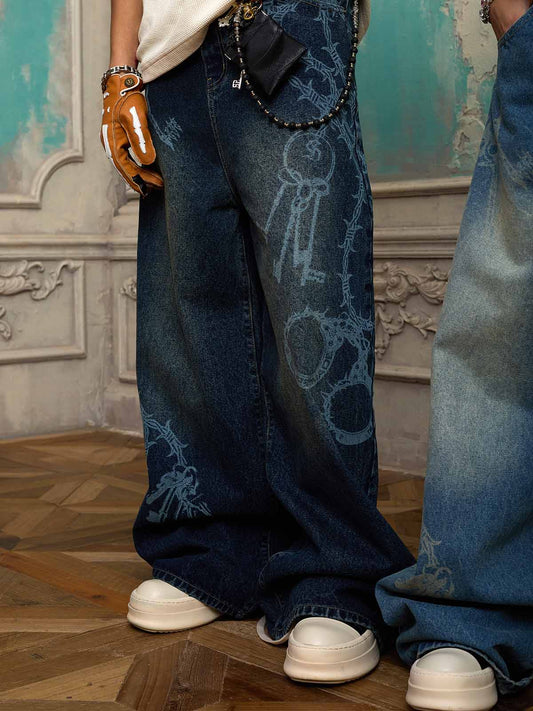 Supermade Thorn and Key Pattern Laser-Burnout Retro Baggy Jeans 