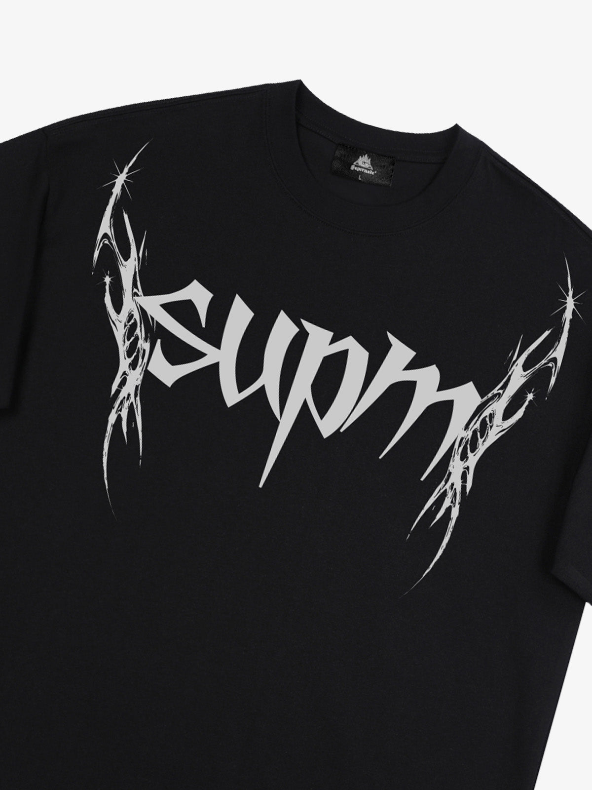THE SUPERMADE Futuristic spiked pattern gothic style logo font design T-shirts 