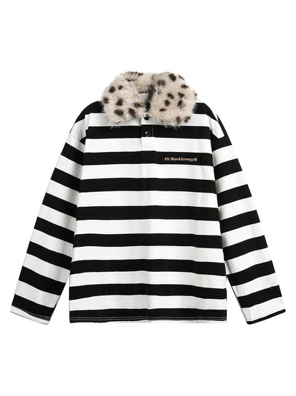 Striped Detachable Fur Collar Long-Sleeve T-shirt - 2397 