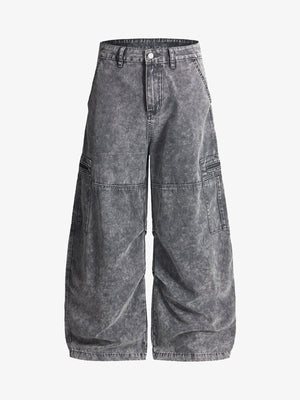 Vintage Acid-Washed Multi-Pocket Wide-Leg Cargo Barrel Jeans 