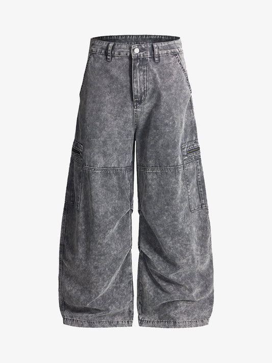 Vintage Acid-Washed Multi-Pocket Wide-Leg Cargo Barrel Jeans 