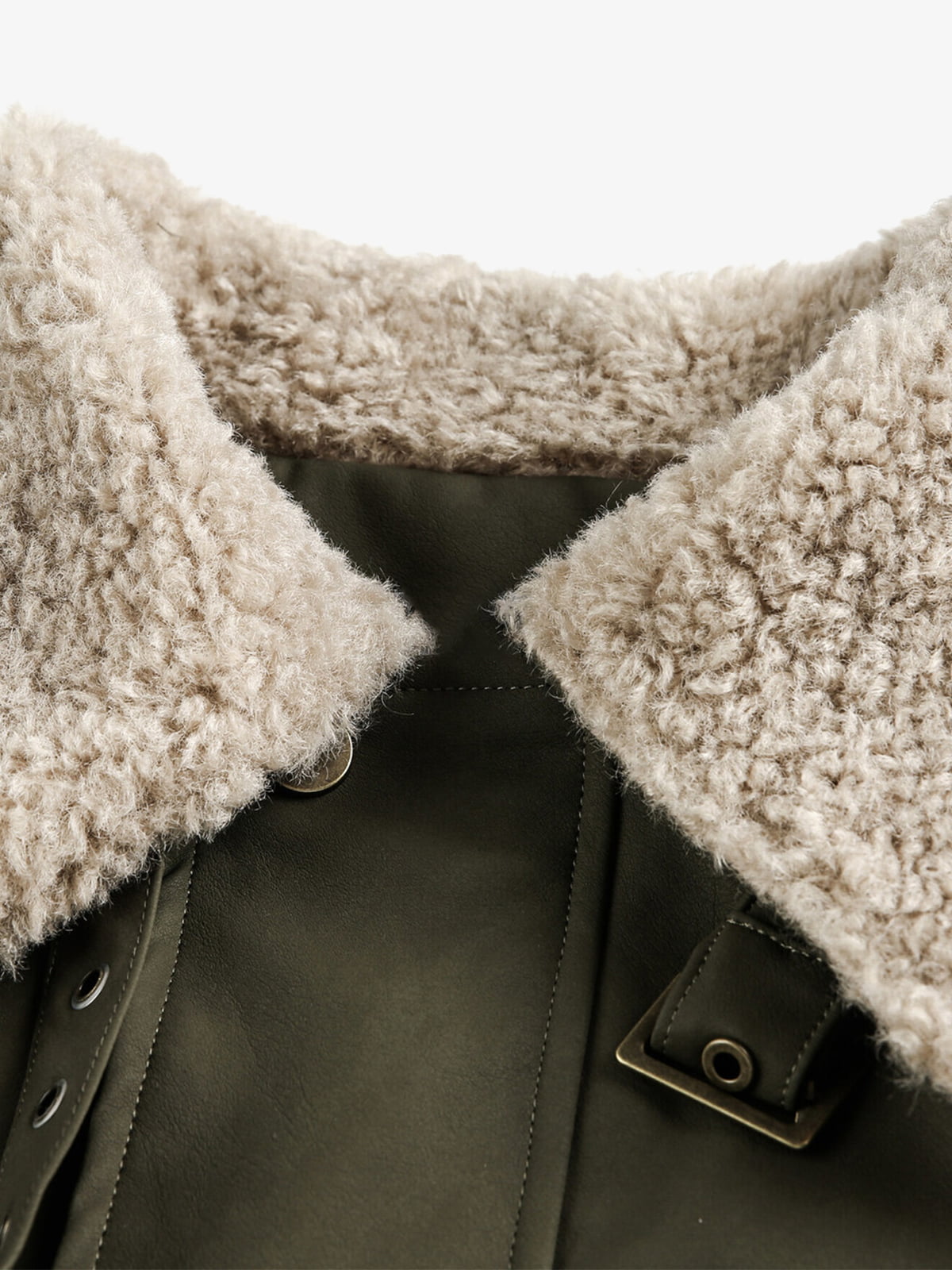 Thesupermade Street Style Lamb Fur Collar Leather Buckle PU Leather Jacket 