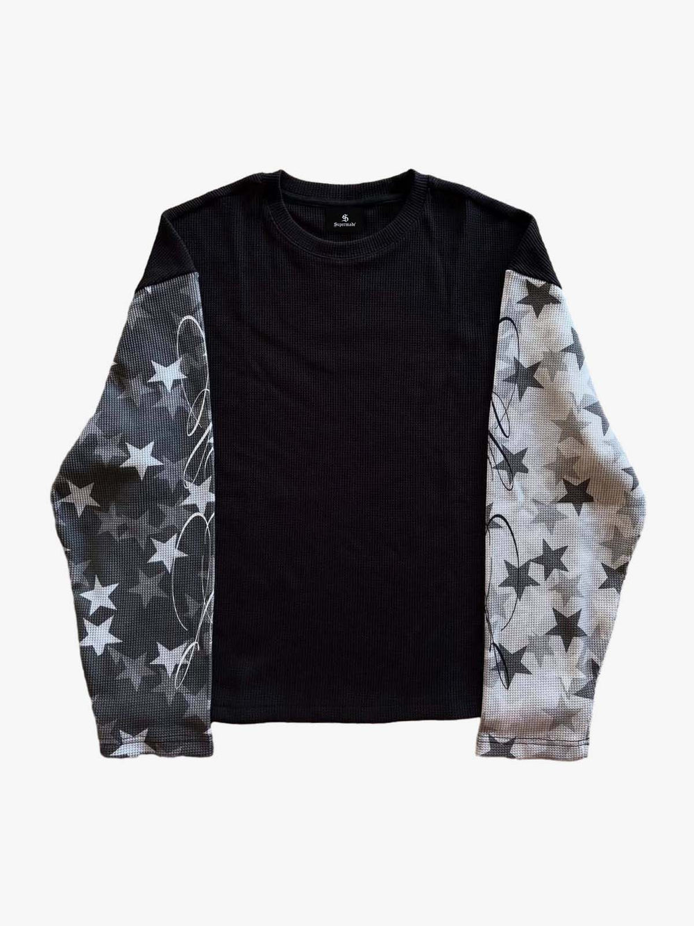 Camo Star Print Patchwork Waffle Boxy Long Sleeve Tee