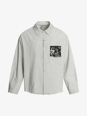 Striped Button-Up Shirt with Graphic Pocket Design 