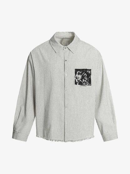 Striped Button-Up Shirt with Graphic Pocket Design 