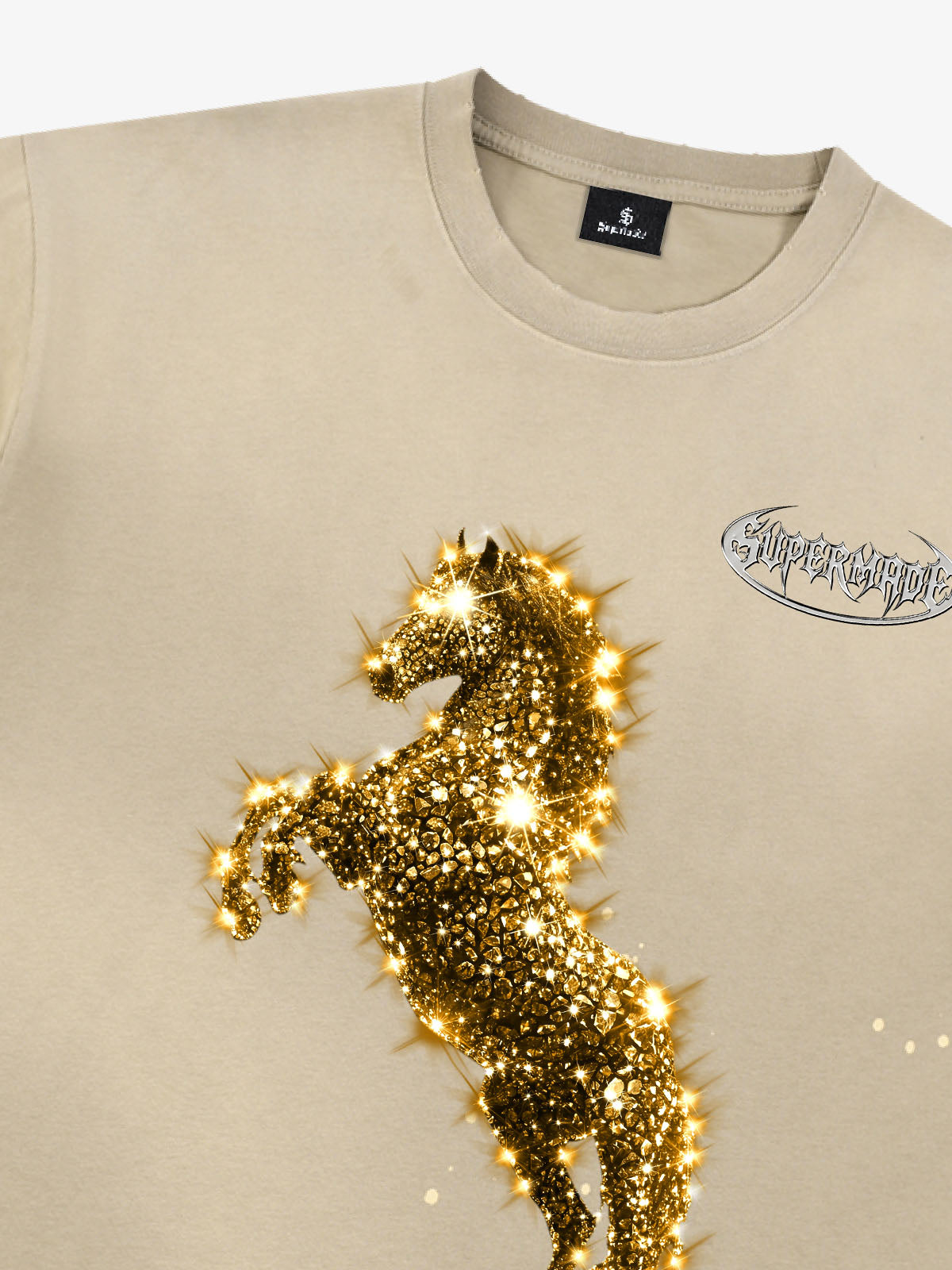 Unisex Washed Ink Blending Dual Color Cotton Horse Year Embroidered Diamond Horse Element Pattern Short-Sleeve T-Shirt 