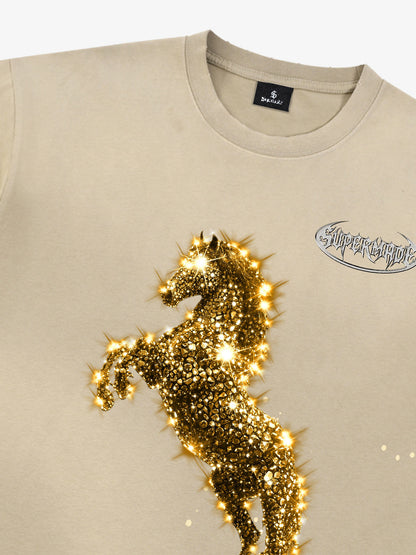 Unisex Washed Ink Blending Dual Color Cotton Horse Year Embroidered Diamond Horse Element Pattern Short-Sleeve T-Shirt 