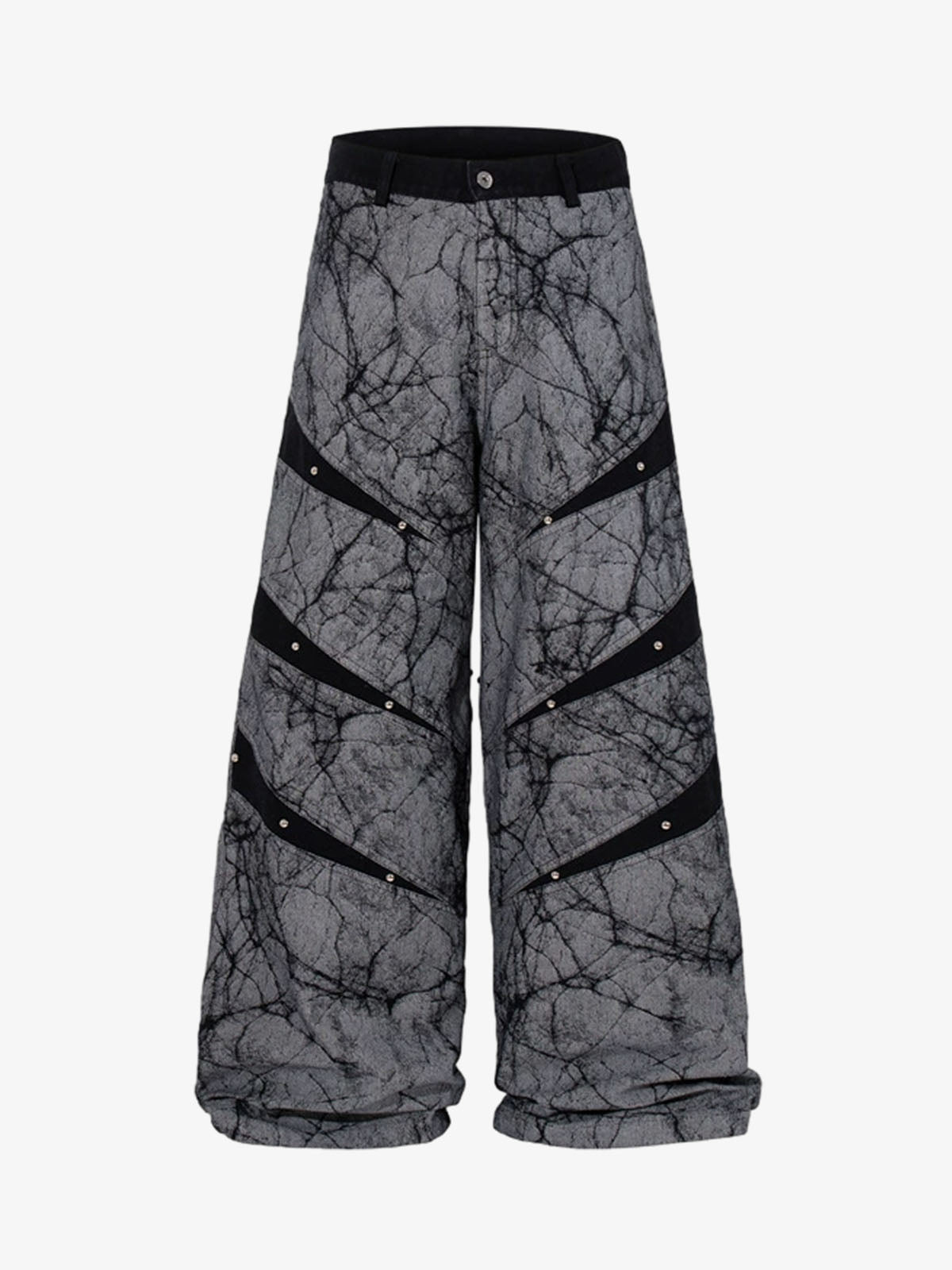 Cotton Blend Wide Leg Pants with Cracked Print and Black Panel Details 